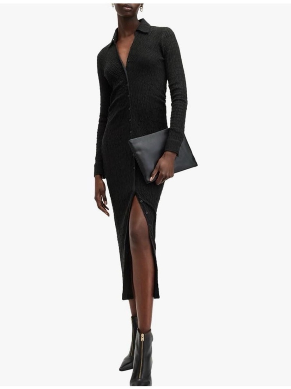 AllSaints Black Bodycon Connie Long Sleeve Ribbed Button-Front Collar Midi Dress - Picture 1 of 10